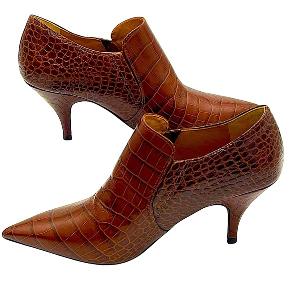 Tory Burch Georgina Embossed Crocodile Warm Cognac Brown Leather Ankle Bootie 6M - Picture 1 of 15